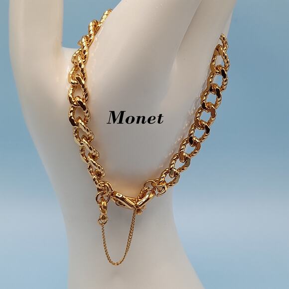 Vintage Monet Gold Plated Charm Bracelet, 1980s, Safety Chain, 7.25 Inches - Picture 1 of 10